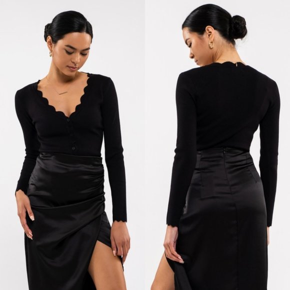 The Workshop Sweaters - Black V-Neck Button Down Scallop Hem Long Sleeve Cardigan {The Workshop}